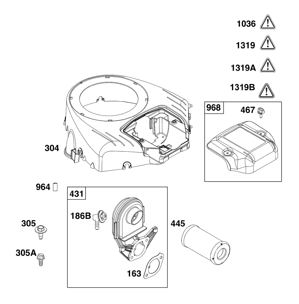 Blower Housing And Air Cleaner Group Diagram and Parts List for 40N877-0031-B5  Briggs and Stratton Engine
